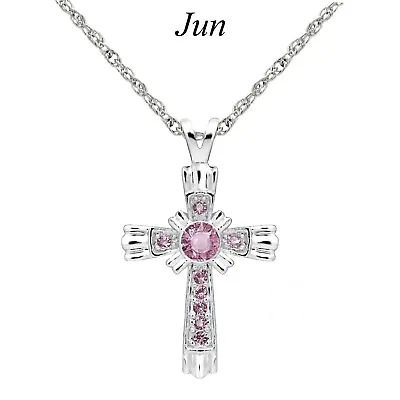 $13.99 • Buy Forever Silver Austrian Crystal Birthstone Cross Necklace 15 - 18  Adj Chain JUN