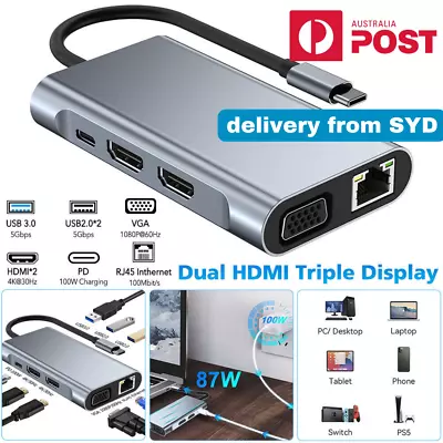 8 In 1 Laptop Docking Station Type-C Dual HDMI Hub Adapter USB-C Triple Display • $42.99