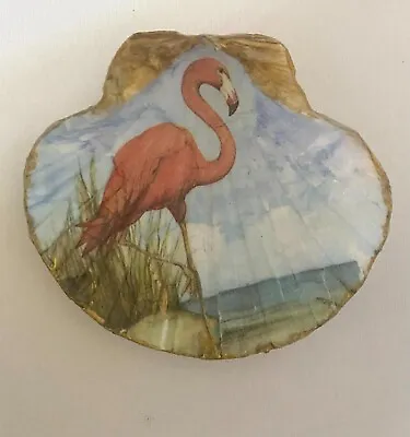 Pink Flamingo Trinket Dish Scallop Shell Coastal Decoupage Art Beach Ring Dish • $24.99