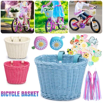 1/2x Kids Bicycle Basket Kit Front Handlebar Wicker Basket Streamers Bike Decor • $17.79