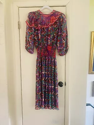 Vintage Diane Freis Silky Smocked Waist Balloon Sleeve 70s 80s Georgette Dress M • $99