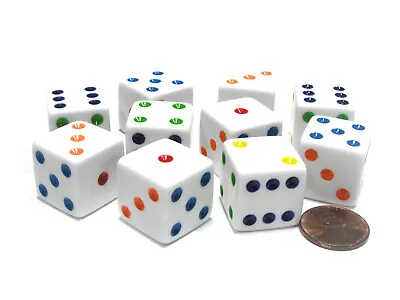 Set Of 10 Large Six Sided Square Opaque 19mm D6 Dice - White With Multicolor Pip • $9.49