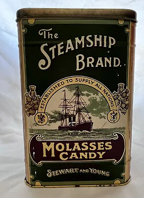 VTG Stewart & Young The Steamship Brand Molasses Tin Green Brown Gold 8x5 • $24.99