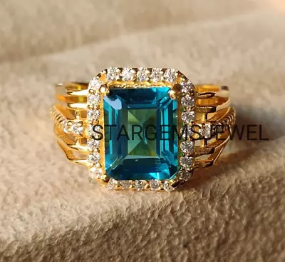 14K Solid Yellow Gold Natural Blue Topaz Men Ring Mens Jewelry Hand Made Ring. • $510