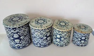 Vintage Delft Holland Blue Metal Set Of 4 Nesting Cannister Set Ornate Floral • $22