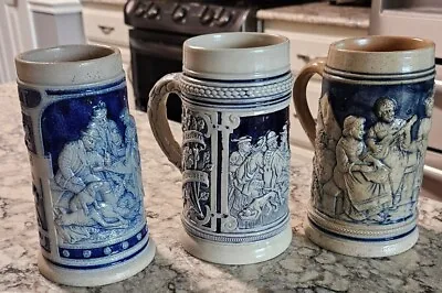 Germany Stein Lot Vintage German Stonware Cobalt Blue Salt Glazed Tankard 3 Mugs • $47