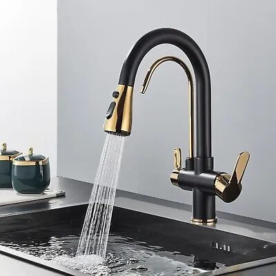 Black 3 Way Kitchen Mixer Tap Pull Out Spray Dual Handle Pure Water Filter Taps • £40.49