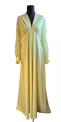 Vintage 70s Deep V Sheer Embroidered Sleeve Boho Hippie Maxi Dress Spring Sz LG • $35