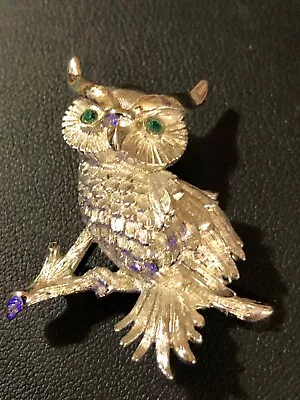 Monet Signed Gorgeous Estate Designer Green Rhinestone OWL Vintage Brooch Pin • $2.25