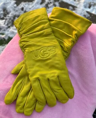 New UGG Relish Green Yellow Chartreuse Leather Scrunched Logo Driving Gloves • $29.99