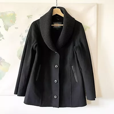 Mackage Coat Size Medium Black Wool Blend Collared Button Up Leather Trim Womens • $76.49