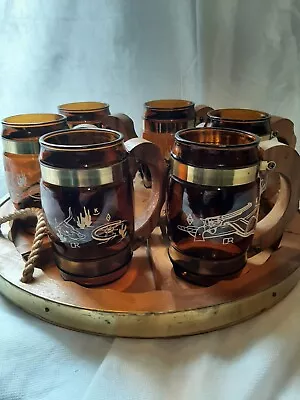 Vintage Siesta Ware Amber Beer Mug 6 Glasses & Western Wagon Wheel Tray 70’s • $59