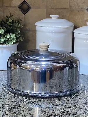 Vintage Footed Glass Cake Plate With Shiny Cake Dome Aluminum Cover • $35