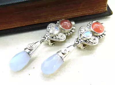 Sajen 925 Sterling Silver Moonstone & Chalcedony Dangle Drop Clip On Earrings • $90