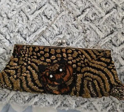 Vintage Beaded Handbag Women Animal Print /tiger Velvet Satin Purse Shoulder Bag • $14.99