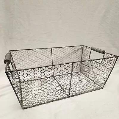 Vintage Wood Handled Chicken Wire Over Metal Sturdy Basket 16.5x10x6.5 • $24.95