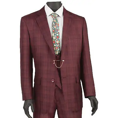 BIG & TALL Men's Burgundy Glen Plaid 3 Piece 2 Button Classic Fit Suit NWT • $140