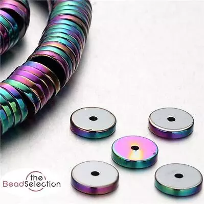 50 PREMIUM QUALITY RAINBOW FLAT ROUND DISC HEMATITE BEADS 10mm HEM36 • £3.29