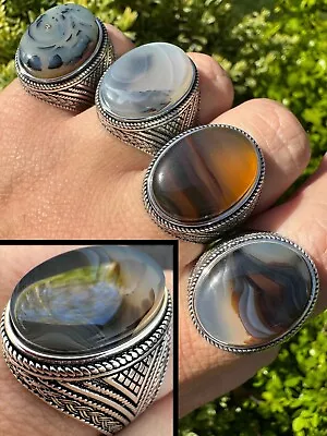 Mens Real Solid 925 Sterling Silver Natural Agate Gemstone Handmade Ring Sz 6-13 • $59.95