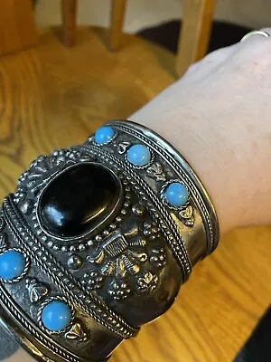 Onyx With Turquoise Cuff Ornate Bracelet Wide Metal Ren Faire Southwest Floral • $75