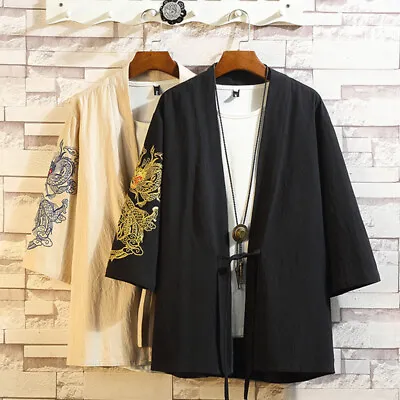 Men 3/4 Sleeve Cardigan Kimono Open Front Yukata Shirt Robe Embroidery Dragon • $27.16