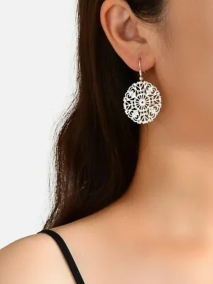 $1.99 • Buy Ladies Jewellery Hollow Gold Silver Flower Pattern Round Trendy Dangle Earrings