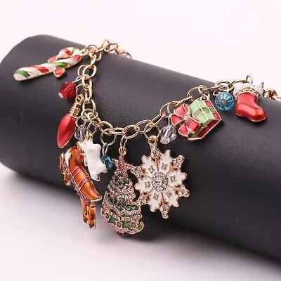 $5 • Buy Dangle Bracelet Crystal Enamel Rhinestone Christmas Toggle Clasp With Gold Bag