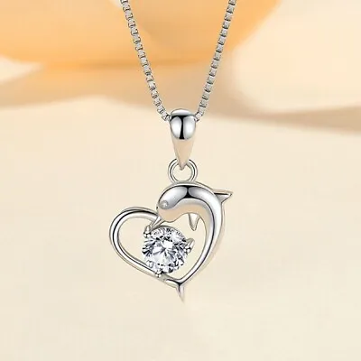 925 Sterling Silver Crystal Heart Dolphin Pendant Necklace Women Jewellery Gift • £3.49