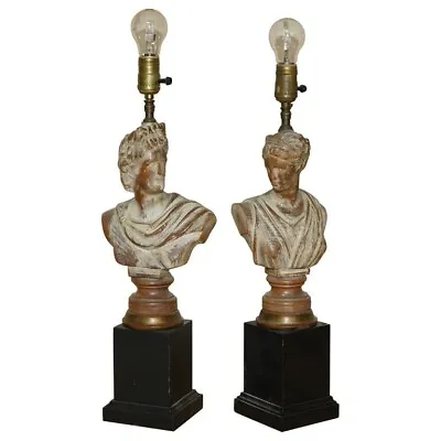 Fine Pair Of Vintage Neoclassical French Carved Wood Limed Oak Bust Lamps • £1750