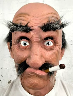 Old Man Mask Latex Funny Bald Head Grey Hair Fake Cigarette Costume Accessory • £16.97