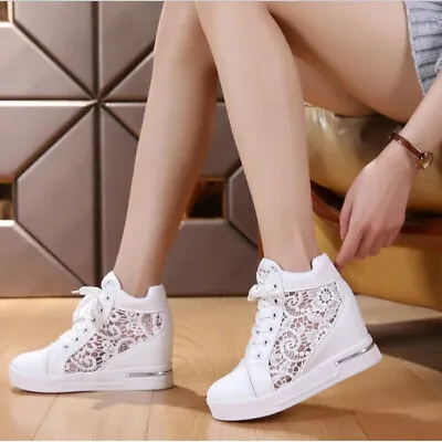 $34.49 • Buy Lady's High Top Wedge Heel Sneakers Women's Lace Up Sport Canvas Shoes New