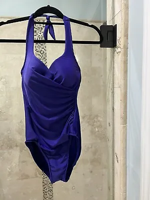 MAGIC SUIT Size 6  Halter Neck One Piece Blue Purple Ruched Slimming Flattering • $45