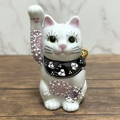 Maneki Neko Beckoning Lucky Cat Kutani Ware Porcelain Flower Purple 10cm • $80.75