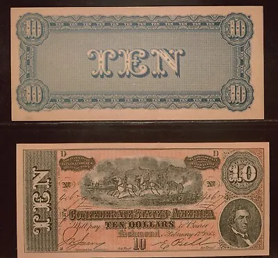 Confederate State Of American $10 Dollar Bill Paper Money (1960's REPRODUCTIONS) • $1.99