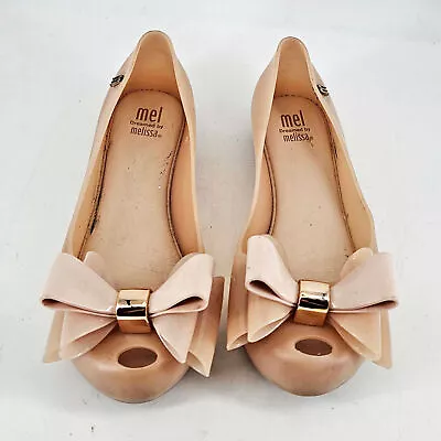 Melissa Pastel Pink Girls Jelly Bow Sandals Peep Toe Ballet Flat Shoes 32 1 • $14.52