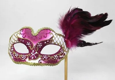 £14.95 • Buy Hot Pink & Gold Feather Mask Venetian Masquerade Ball Carnival Mask On A Stick