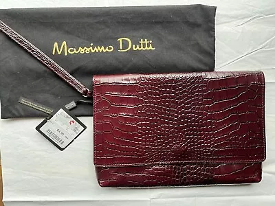 Massimo Dutti_croc Embossed Burgundy Leather Clutch With Wrist Handle_new + Tags • £41