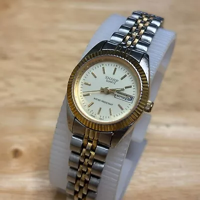 VTG Sharp Quartz Watch Women Dual Tone Fluted Bezel Day Date New Battery 6.5  • $22.49