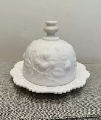 Vintage White MILK GLASS Domed Butter Dish With Lid Roses Pattern Two Pieces • $27.50