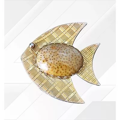 Vintage Mid Century Modern Fish Brooch - Brass With Speckled Stone - 50s/60s • $18