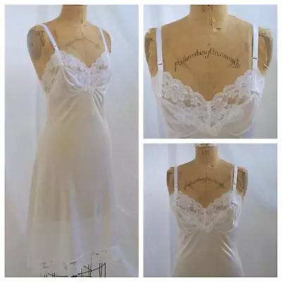 Vtg 70s White Full Slip Floral LACE Bodice Nylon Cottagecore Pin-Up S/M EUC • $18.95