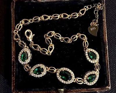 Vintage Style Green Gemstones And White Crystal 18K Gold Plated Bracelet • £13.99