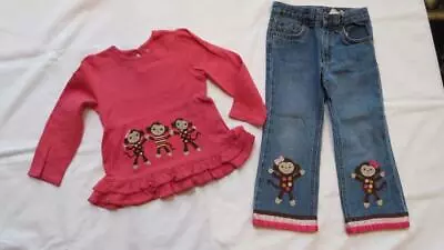 Gymboree 3 3T Appliqued Fall For Monkeys Denim Jeans Pink Ruffle Top Outfit • $36