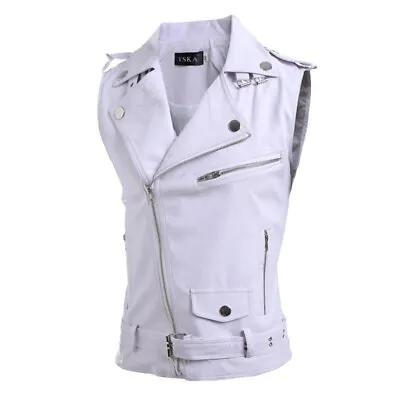 Men's Sleeveless Biker Style Classic Vest Belted Punk Genuine Leather Vest • $44.99