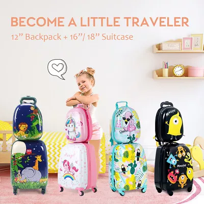 $63.95 • Buy 2PC Kids Luggage Set 16 /18 Suitcase+12 Backpack Carry On Bag Travel Cover Gif