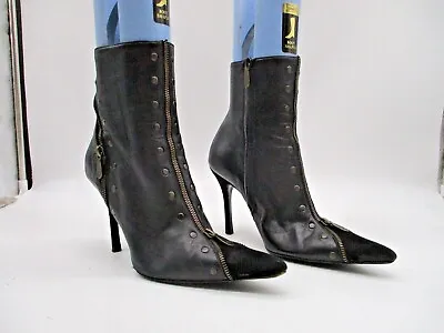 Versace Black Leather Embellished Zipper Stiletto Ankle Boots Women's Size 38 • $149.97