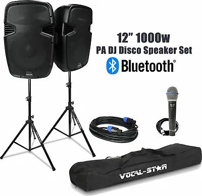 Vocal-Star PA Active 12  Speakers System Bluetooth MP3 1000W Inc Stands DJ Disco • £349.99