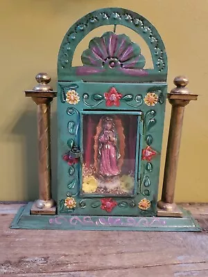 Mexican Folk Art Nicho Tin Hand Painted Virgin Guadalupe Shrine Flowers Arched • $72