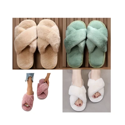 Ladies Womens Fluffy Cross Over Slippers Sliders Open Toe Faux Fur Mules Shoes • £8.93