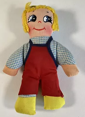 Vintage Big Eye Cloth Doll 60's? Blonde Yarn Hair Red Overalls 7 X 4.5  • $16.95